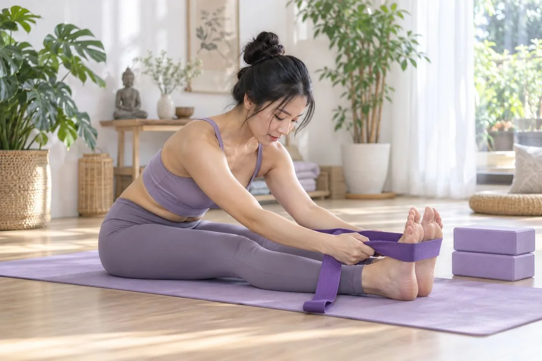 Người phụ nữ ngồi xếp bằng trên thảm yoga cạnh cửa sổ buổi sáng, mắt nhắm, hai tay đặt trên gối